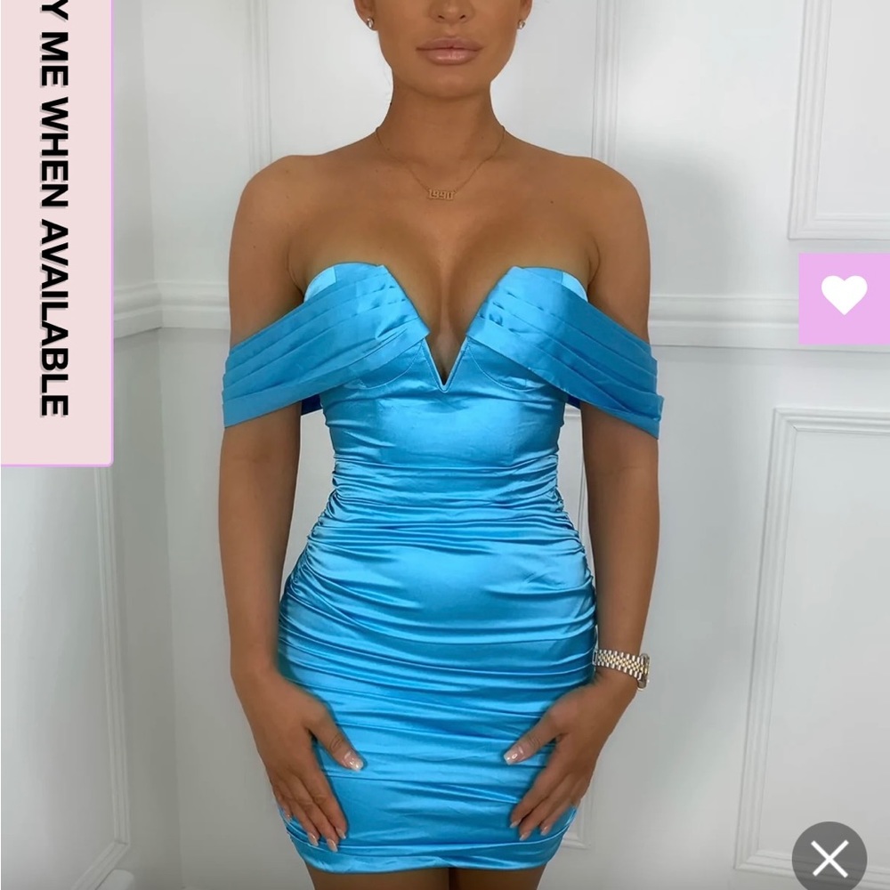 FRANCESCA OFF SHOULDER RUCHED MINI DRESS - AQUA BLUE